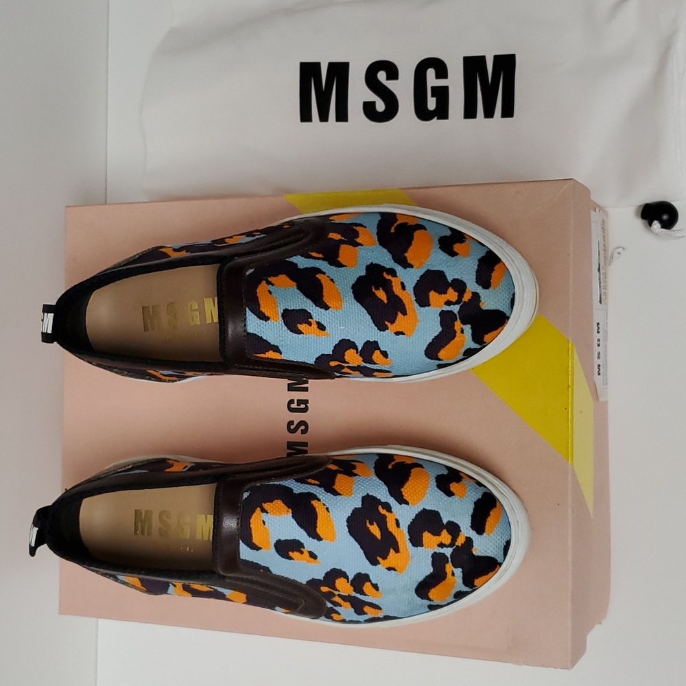 MSGM Light Blue Orange Black Leopard Slip-On Platforms